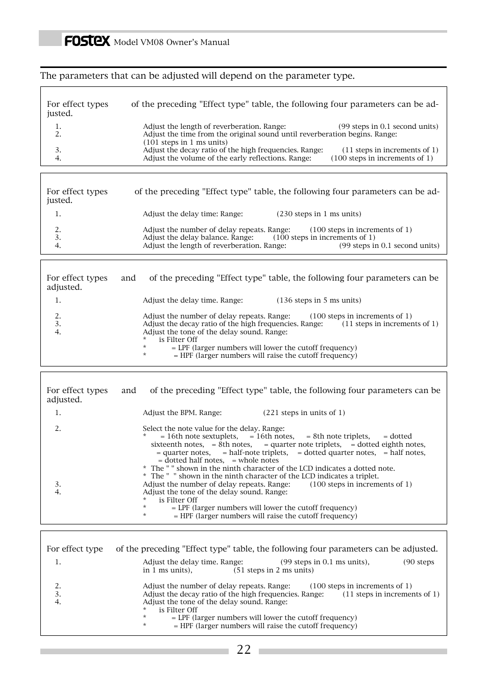 Effect parameter details, Delay effect parameters (parameter type: delay) | Fostex VM08 User Manual | Page 22 / 30