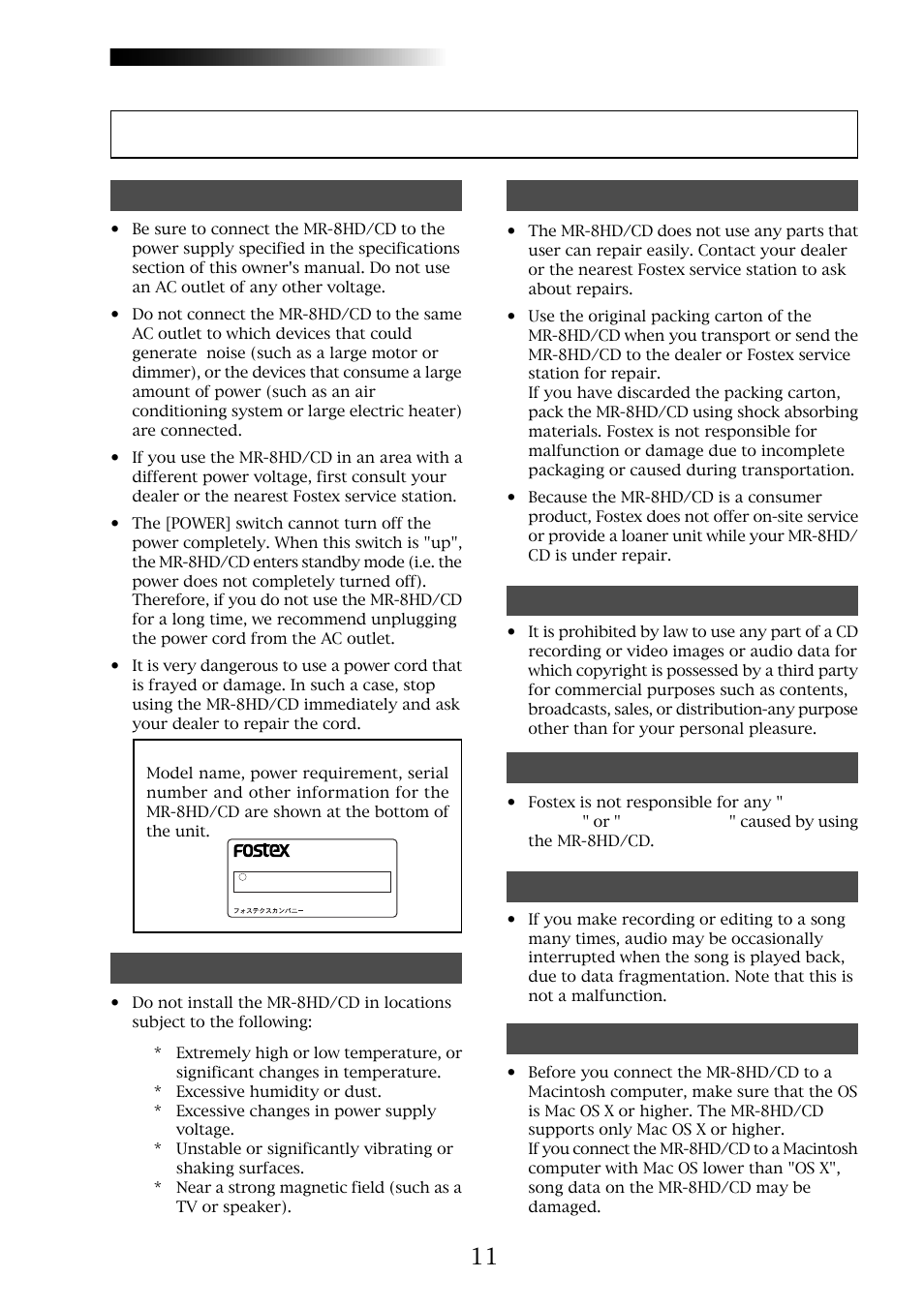 Precautions before using, Mr-8hd/cd, About power supply | About copyrights, About damages | Fostex MR-8CD User Manual | Page 11 / 148