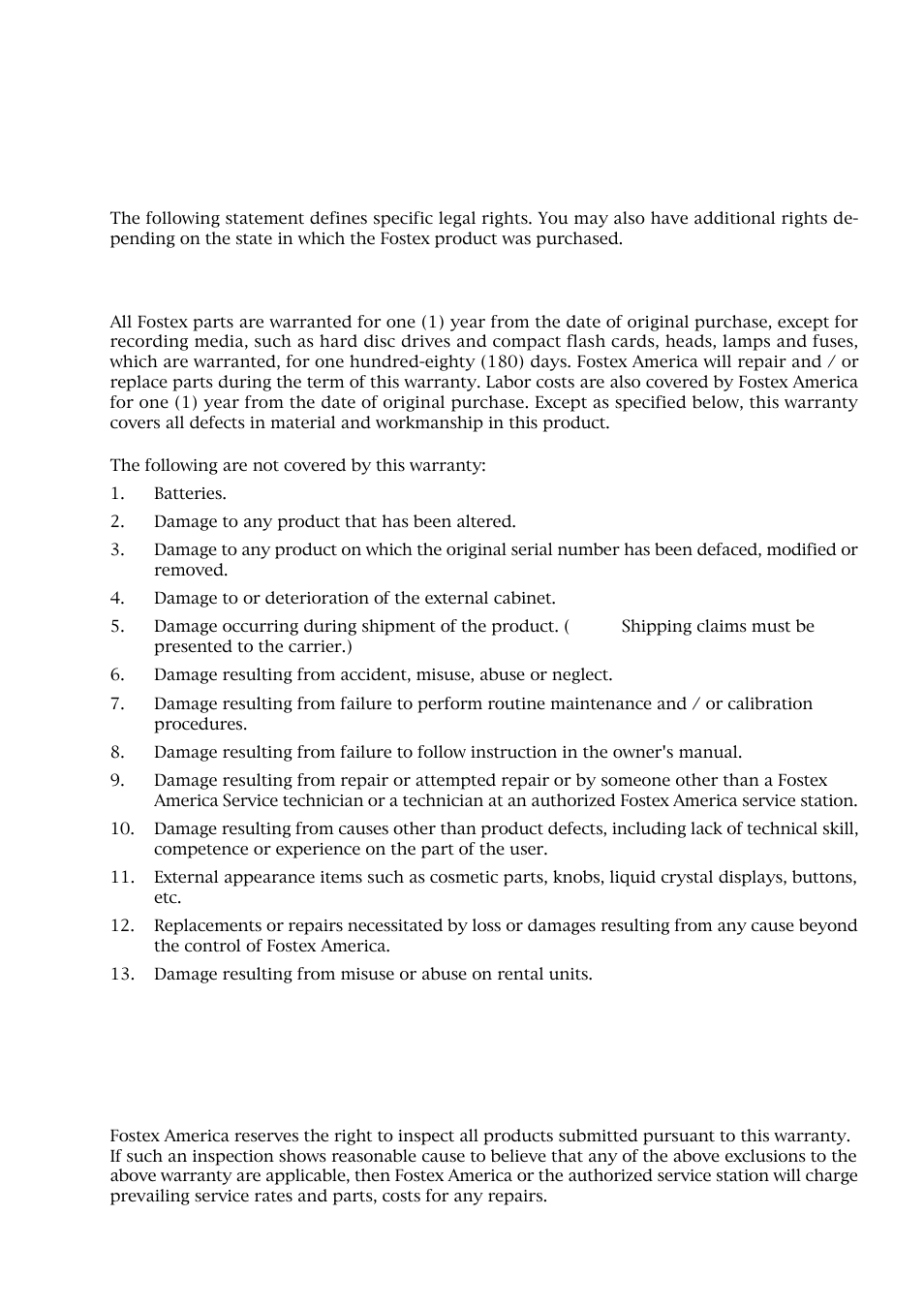 For the us customers only, Fostex america limited warranty, Warranty protection | Fostex MR-8CD User Manual | Page 145 / 148