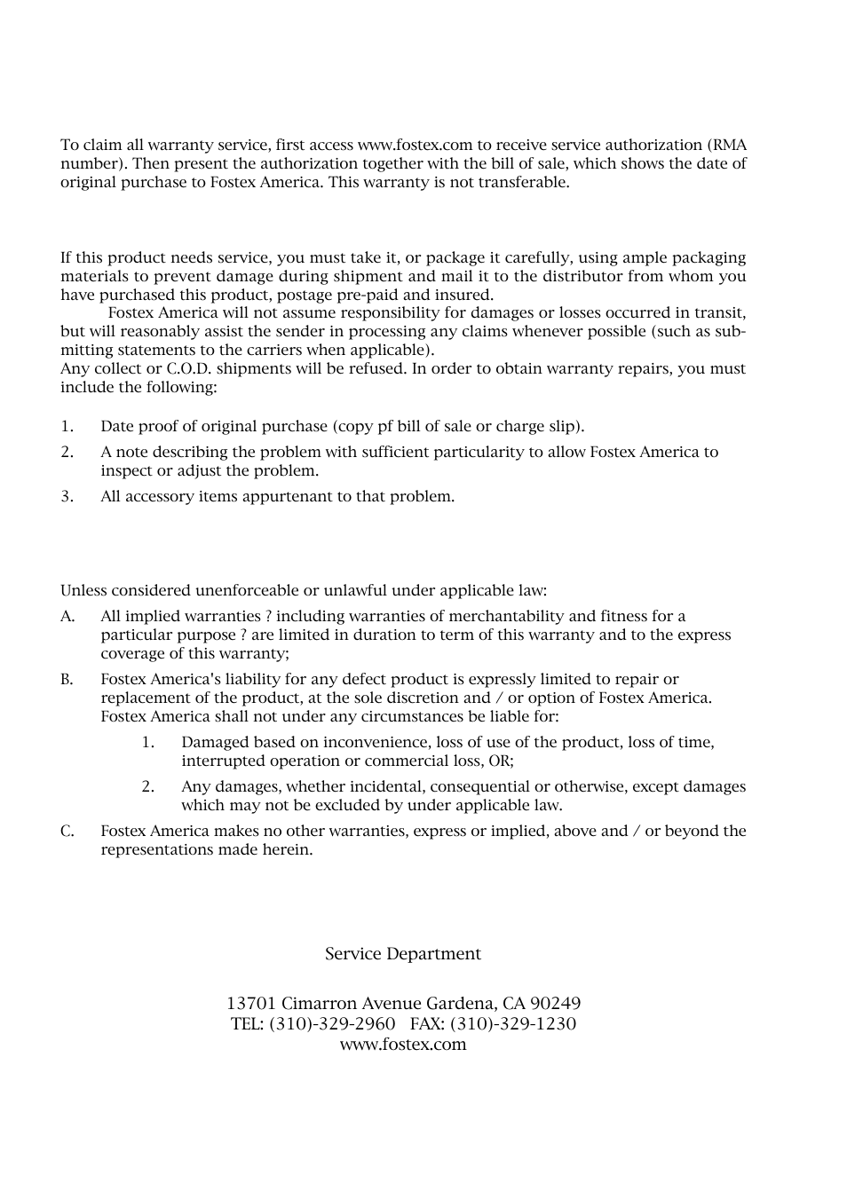 Fostex america limited warranty, Shipping | Fostex MR-8CD User Manual | Page 146 / 148