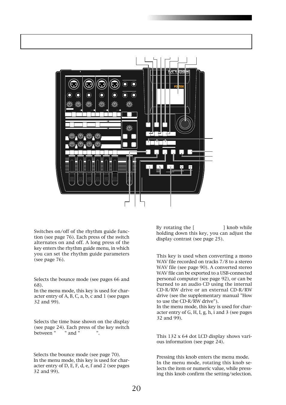 Top panel 2, Mr-8hd/cd, Owner’s manual (names and functions) | [rhythm guide] key, [time base sel] key, [bounce 1-8 > new song] / d e f 2 key, [contrast] key, [7/8 > stereo wav file] / g h i 3 key, Lcd display, [menu/enter] rotary / push knob | Fostex MR-8CD User Manual | Page 20 / 148