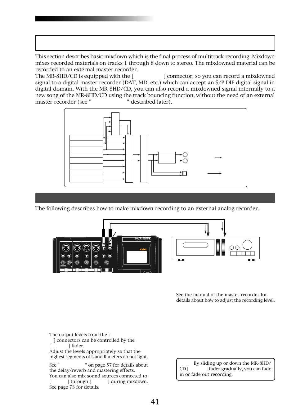 Basic mixdown, Mr-8hd/cd, Mixdown to an analog recorder | Owner’s manual (basic operations), Analog master recorder mr-8hd/cd | Fostex MR-8CD User Manual | Page 41 / 148