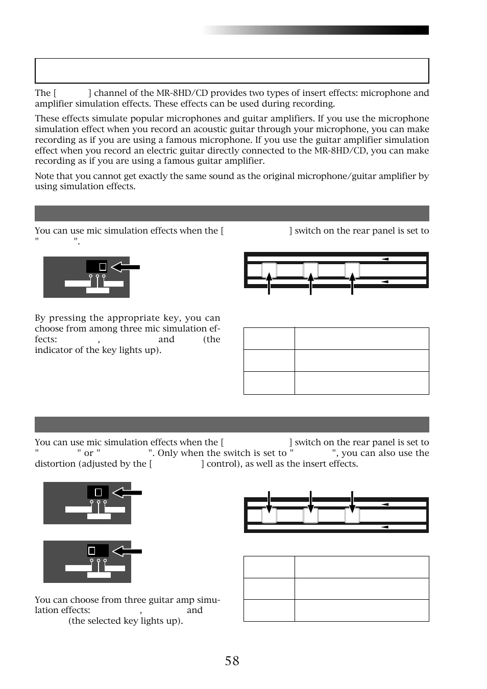 Using the insert effects, Mr-8hd/cd, Mic simulation effects amp simulation effects | Owner’s manual (using effects), Details of each mic simulation effect, Amp simulation effects details | Fostex MR-8CD User Manual | Page 58 / 148