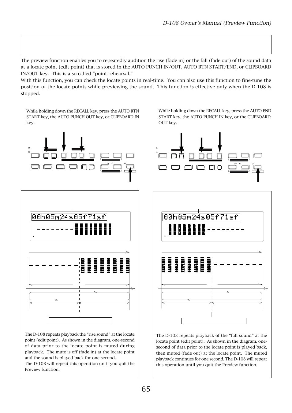 Preview function, D-108 owner’s manual (preview function), Previewing the rise of the sound (fade in) | Previewing the fall of the sound (fade out), Display indication during the preview operation | Fostex D-108 User Manual | Page 65 / 141