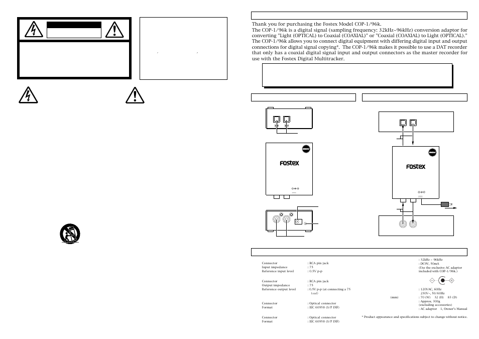 Safety instructions, Warning, Introduction | Fostex COP-1/96K User Manual | Page 2 / 2