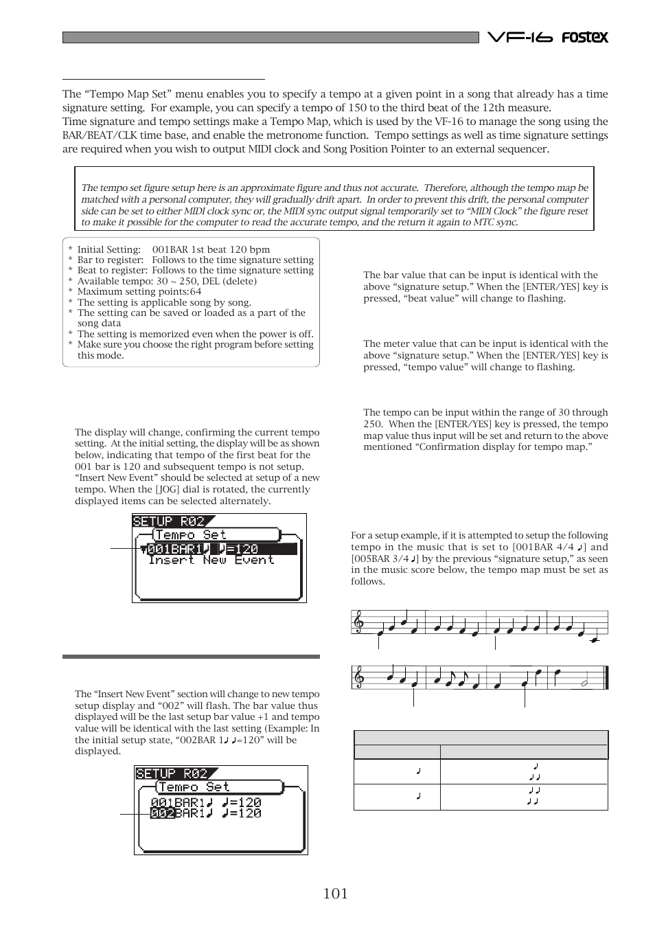 Setting a tempo [“tempo set, New registering of tempo | Fostex VF-16 User Manual | Page 101 / 122