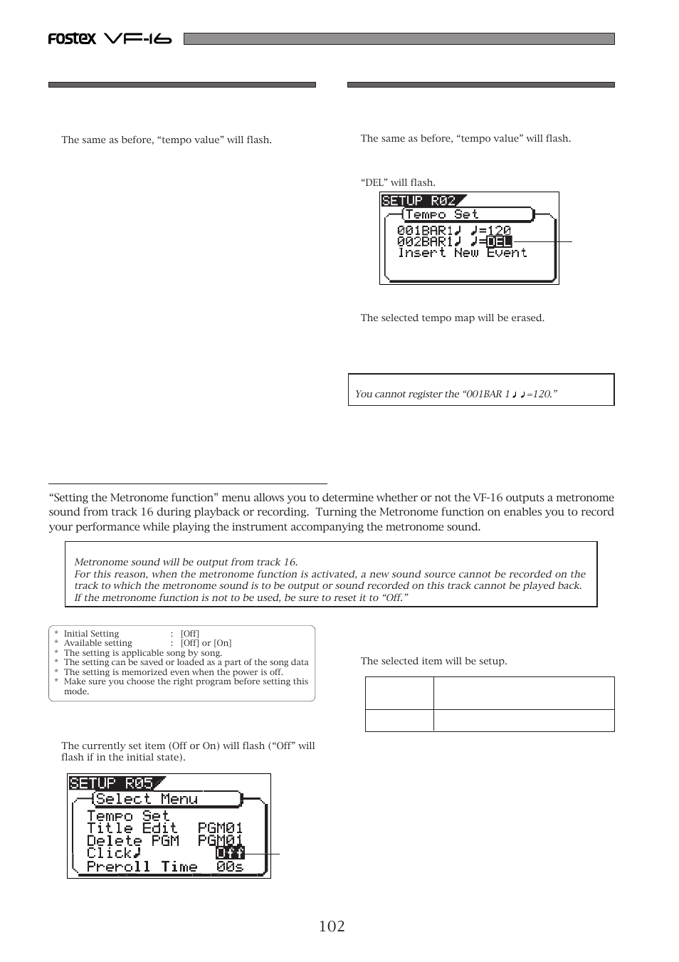 Setting the metronome function [“click, 102 erasing of the registered tempo, Correction of the registered tempo | Fostex VF-16 User Manual | Page 102 / 122