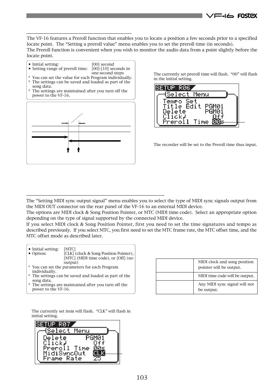 Setting midi sync output signal [“midi sync out, Setting a preroll value [“preroll time | Fostex VF-16 User Manual | Page 103 / 122