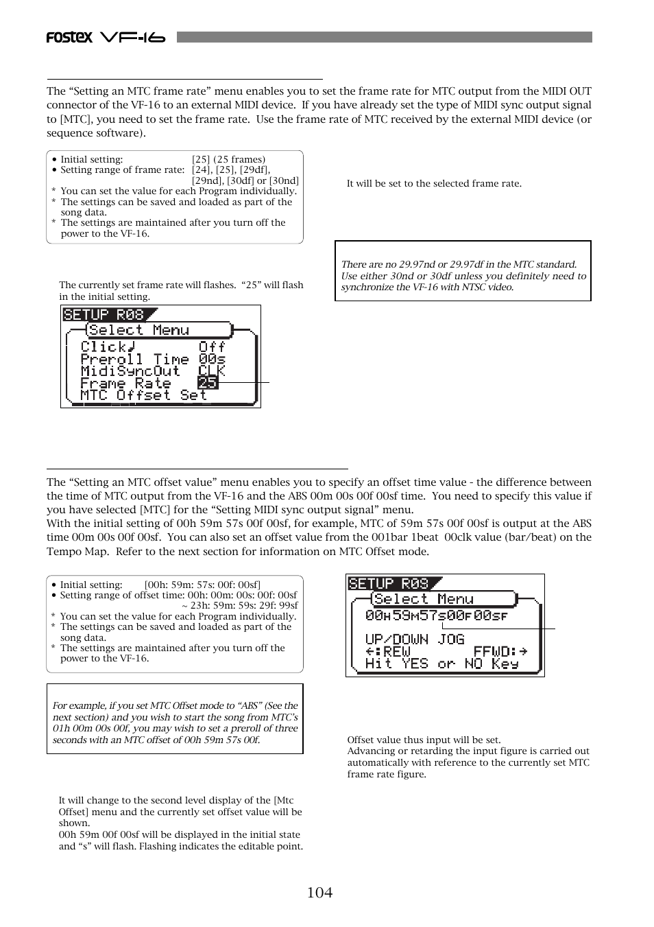 Setting an mtc frame rate [“frame rate, Setting an mtc offset value [“mtc offset set | Fostex VF-16 User Manual | Page 104 / 122