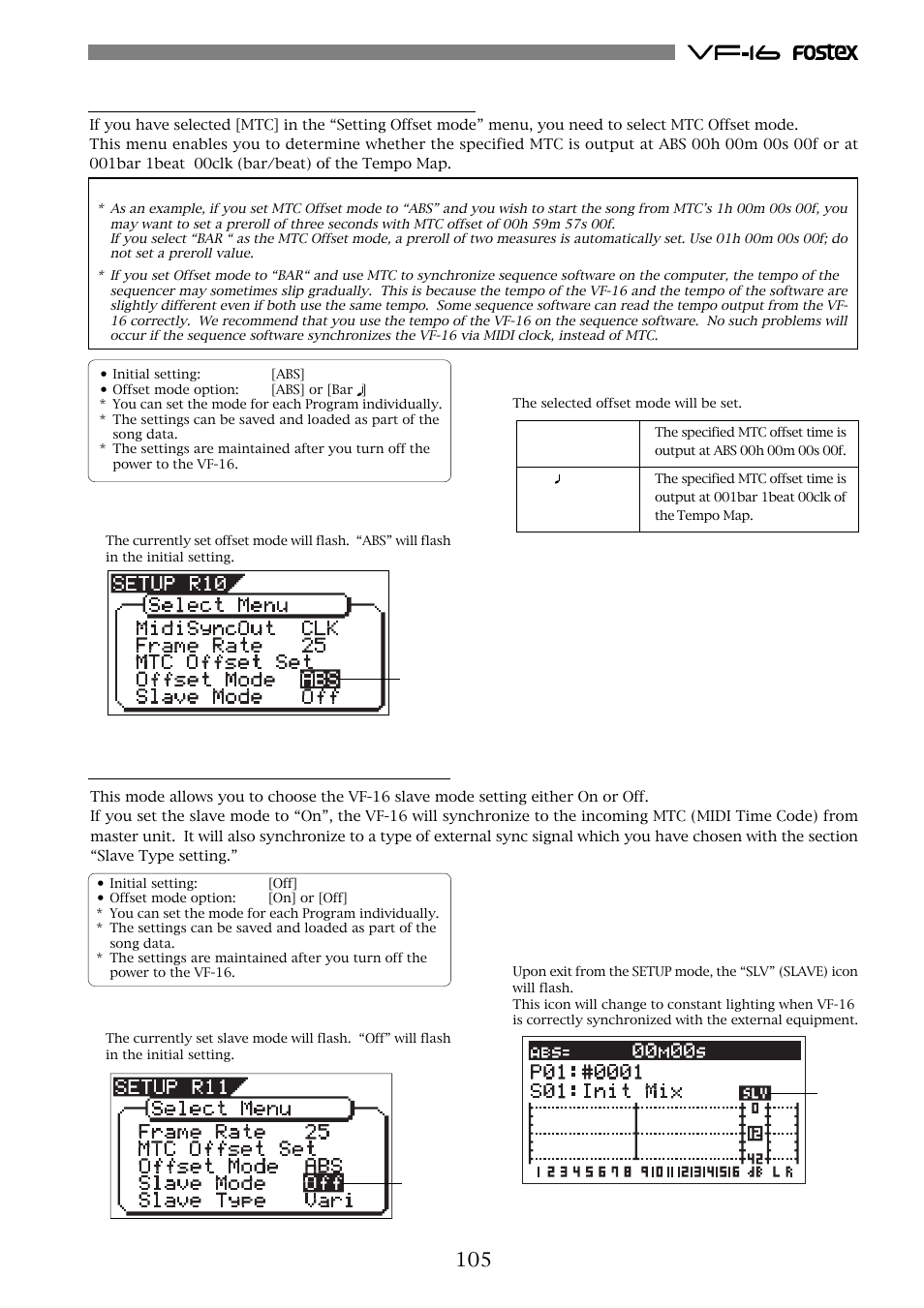 Setting mtc offset mode [“offset mode, Setting the slave mode [“slave mode | Fostex VF-16 User Manual | Page 105 / 122