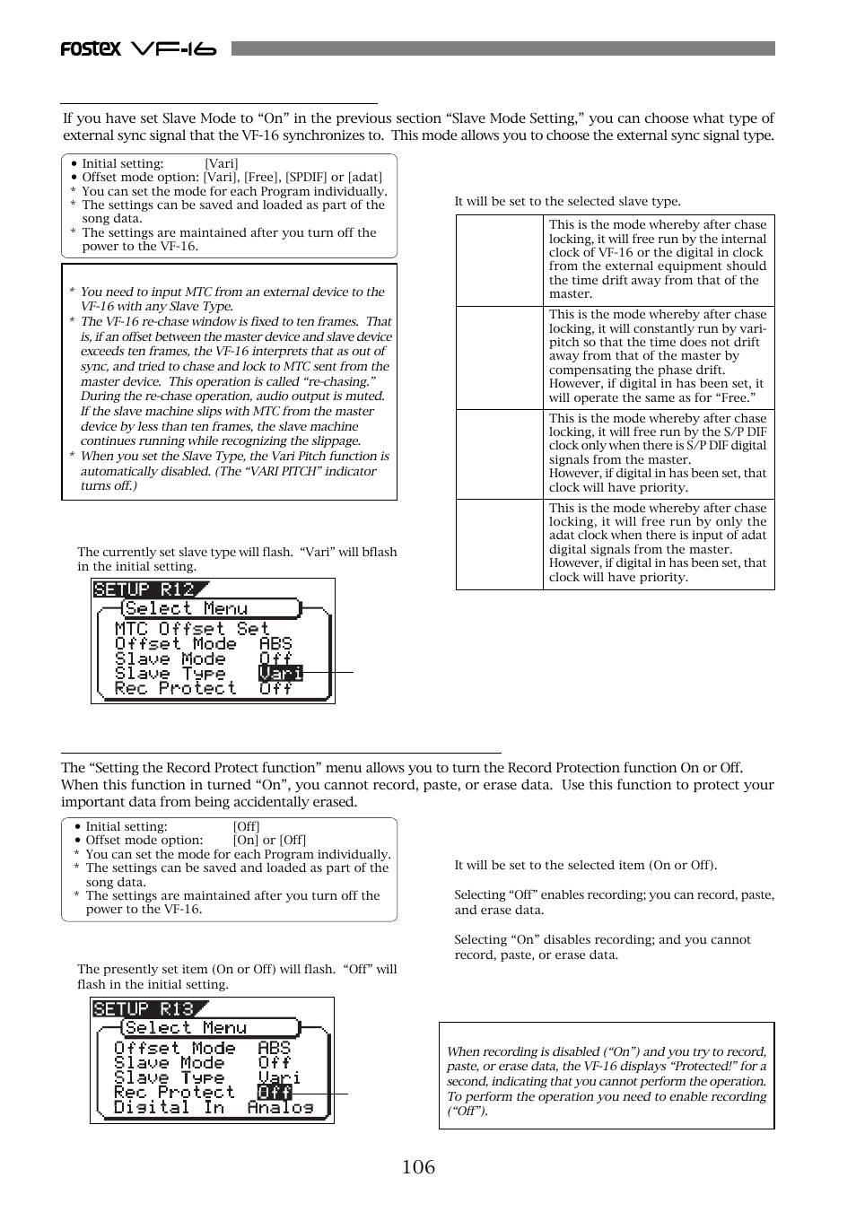 Setting the record protect function [“rec protect, Setting the slave type [“slave type | Fostex VF-16 User Manual | Page 106 / 122