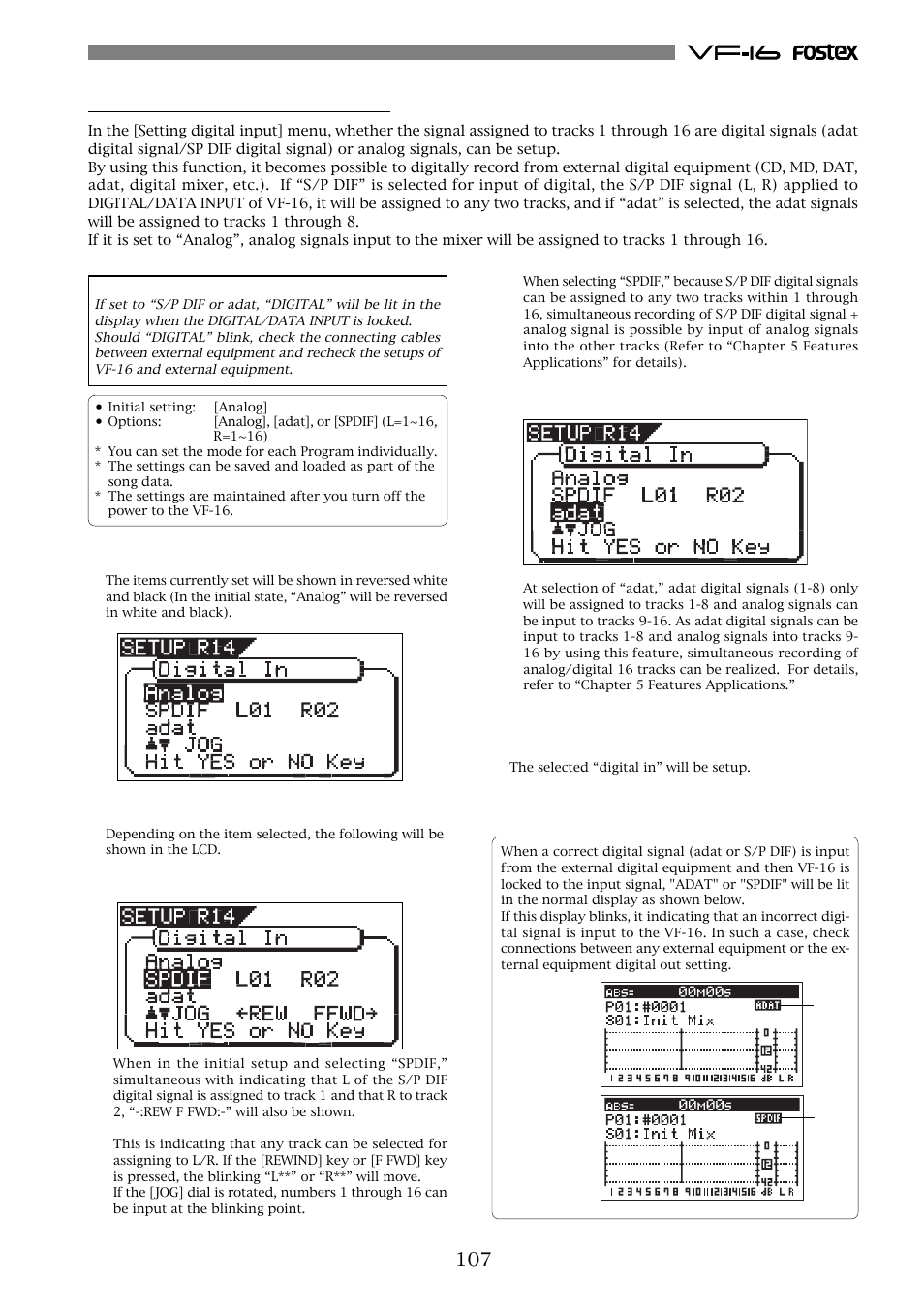 Setting digital input [“digital in | Fostex VF-16 User Manual | Page 107 / 122