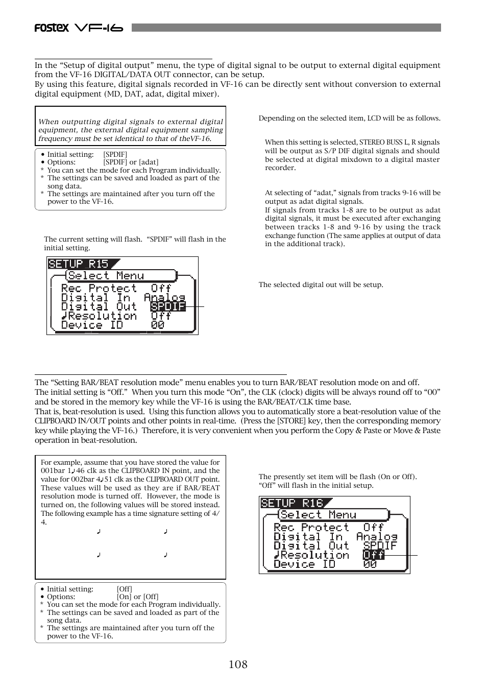 Setting bar/beat resolution mode [“resolution, Setting digital output [“digital out | Fostex VF-16 User Manual | Page 108 / 122