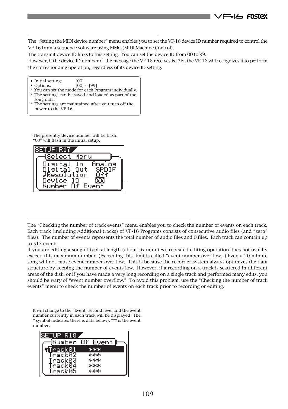 Setting the midi device number [“device id | Fostex VF-16 User Manual | Page 109 / 122