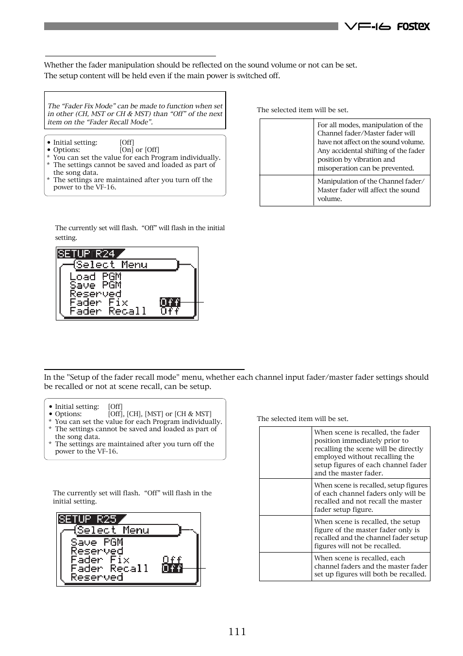 Fader fix mode setting [“fader fix, Fader recall mode setting [“fader recall | Fostex VF-16 User Manual | Page 111 / 122