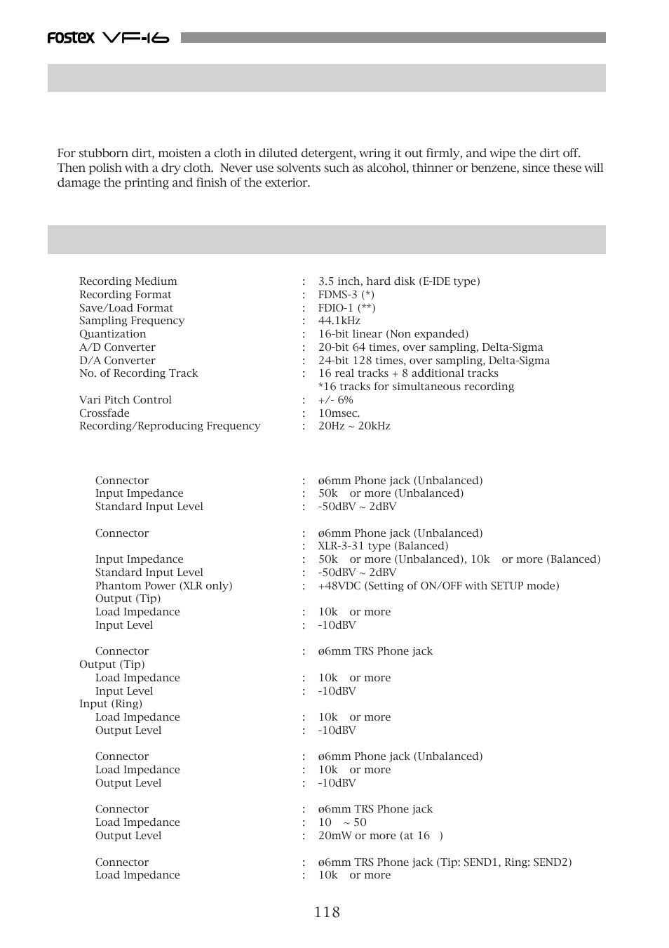 Maintenance specifications | Fostex VF-16 User Manual | Page 118 / 122