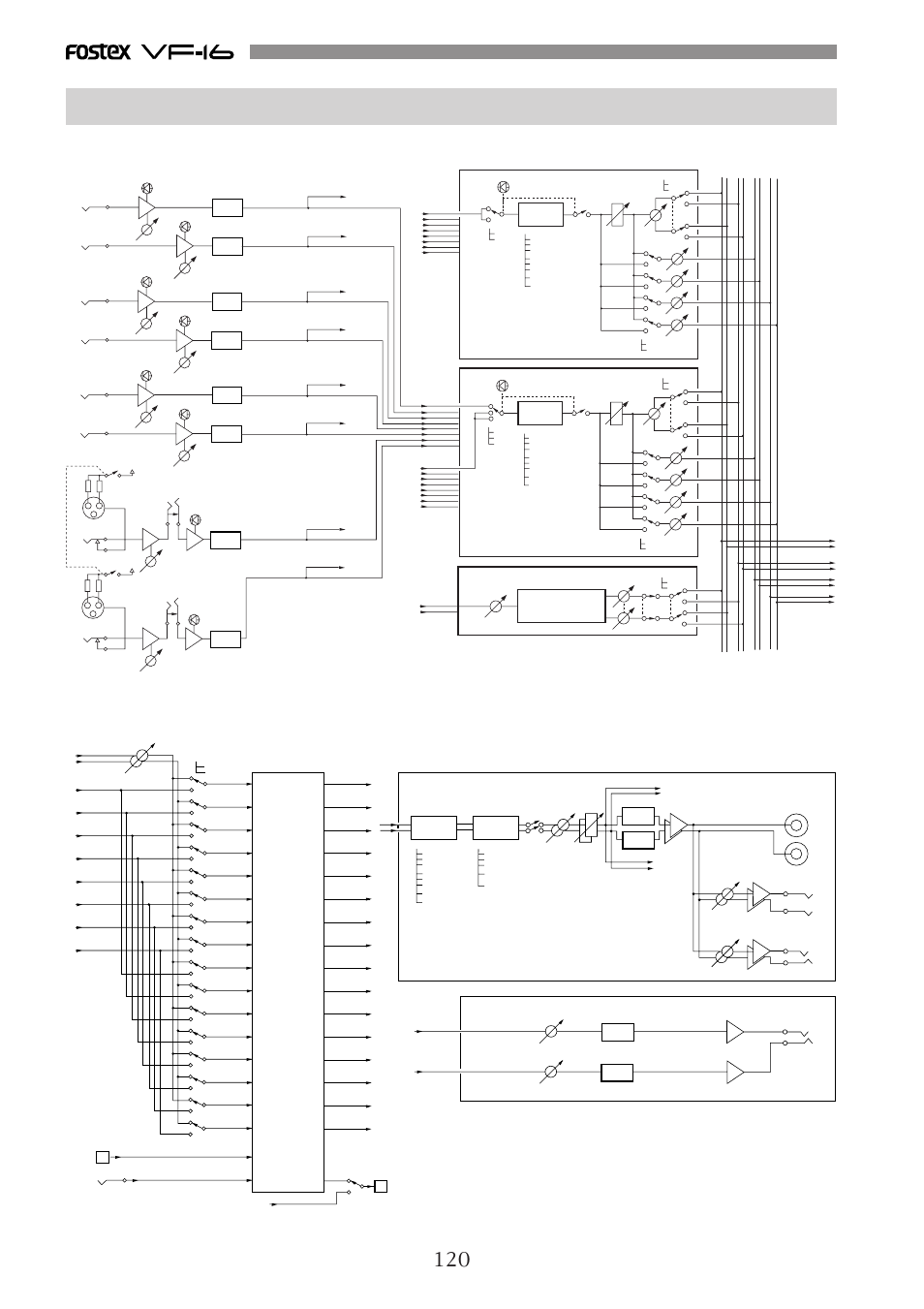 Block diagram, 16trk hdr, D/a aux 1/2 master d/a d/a | St master / mon, W/meter, 3band eq, Comp | Fostex VF-16 User Manual | Page 120 / 122