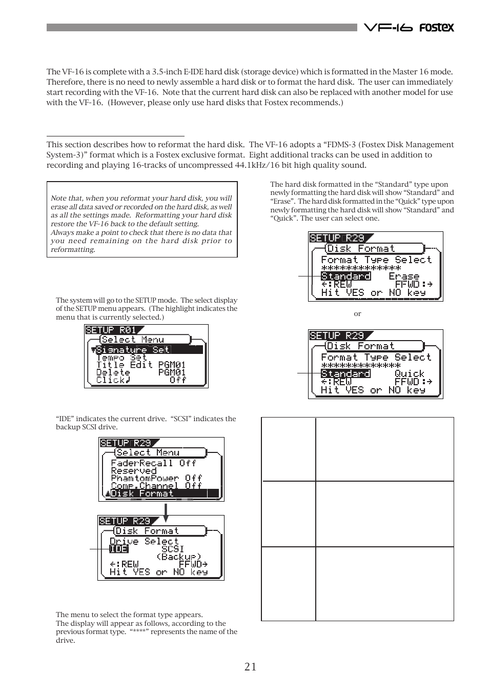 About the hard disk storage device, Reformatting the hard disk | Fostex VF-16 User Manual | Page 21 / 122