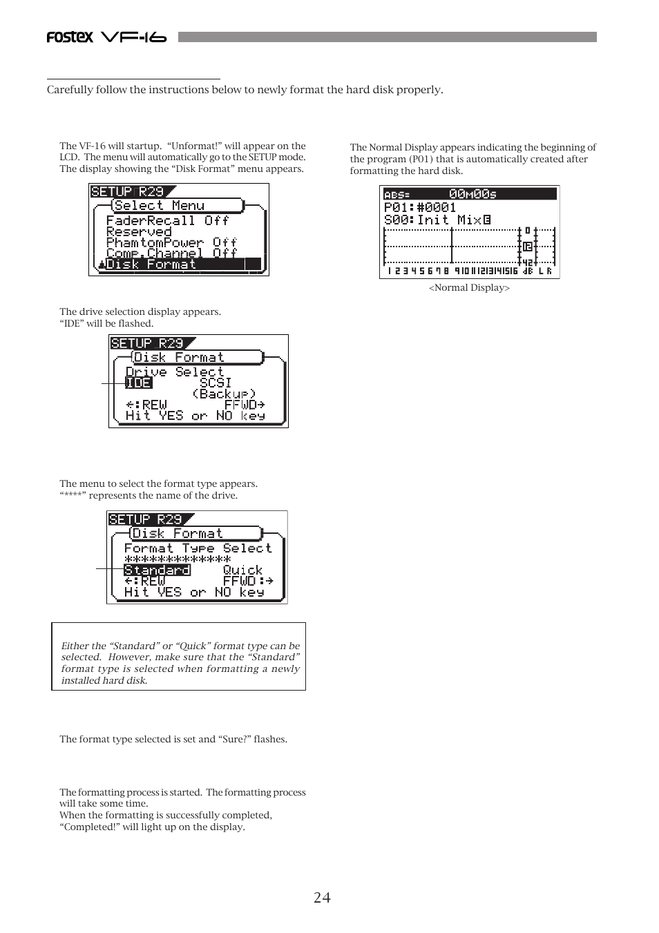 Formatting the hard disk | Fostex VF-16 User Manual | Page 24 / 122