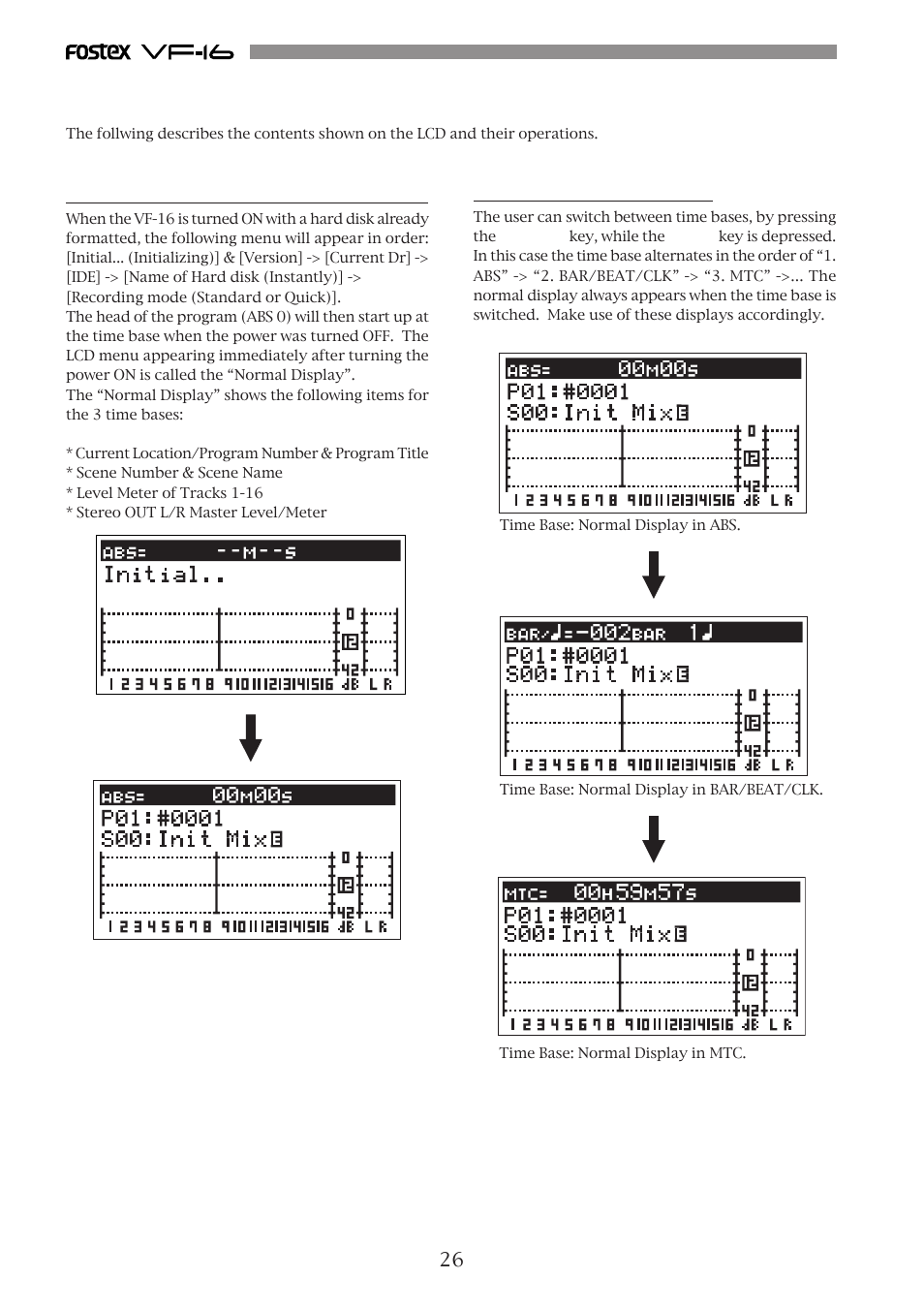 Menu shown when turning power on, Switching the time base | Fostex VF-16 User Manual | Page 26 / 122