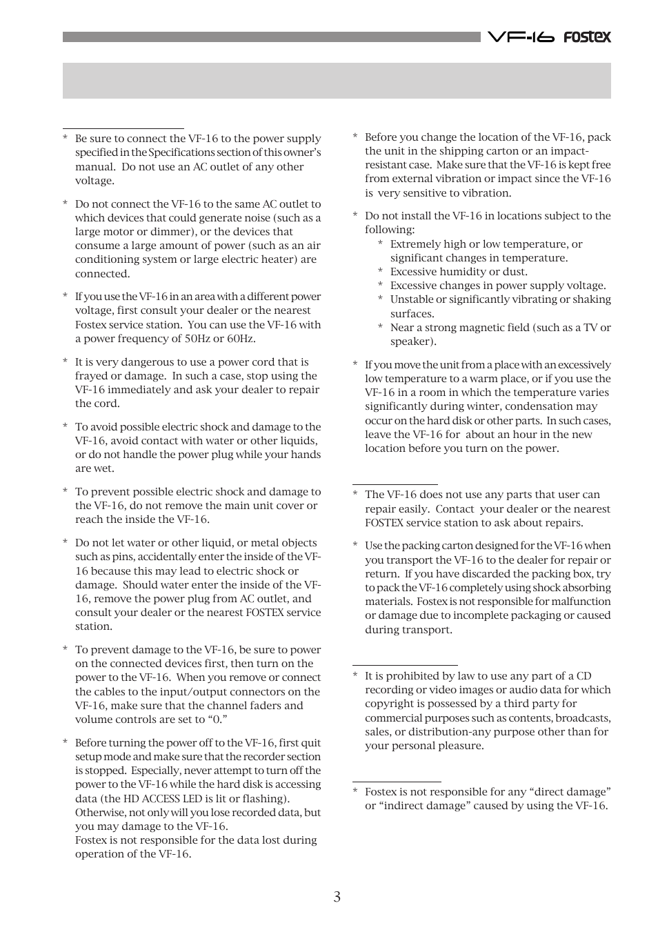 Precautions, About power supply, About copyrights | About damage | Fostex VF-16 User Manual | Page 3 / 122