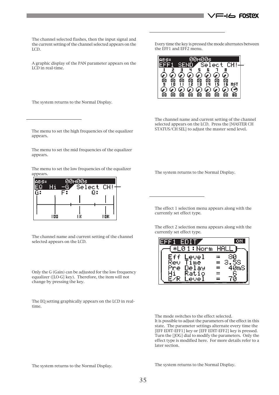 Equalizer adjustment, Effect send level adjustment, Modifying effect type | Fostex VF-16 User Manual | Page 35 / 122