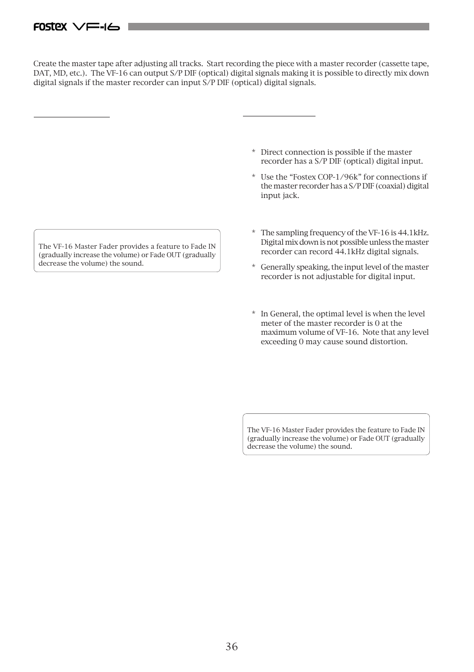 Mix down, Analog mix down, Digital mix down | Fostex VF-16 User Manual | Page 36 / 122