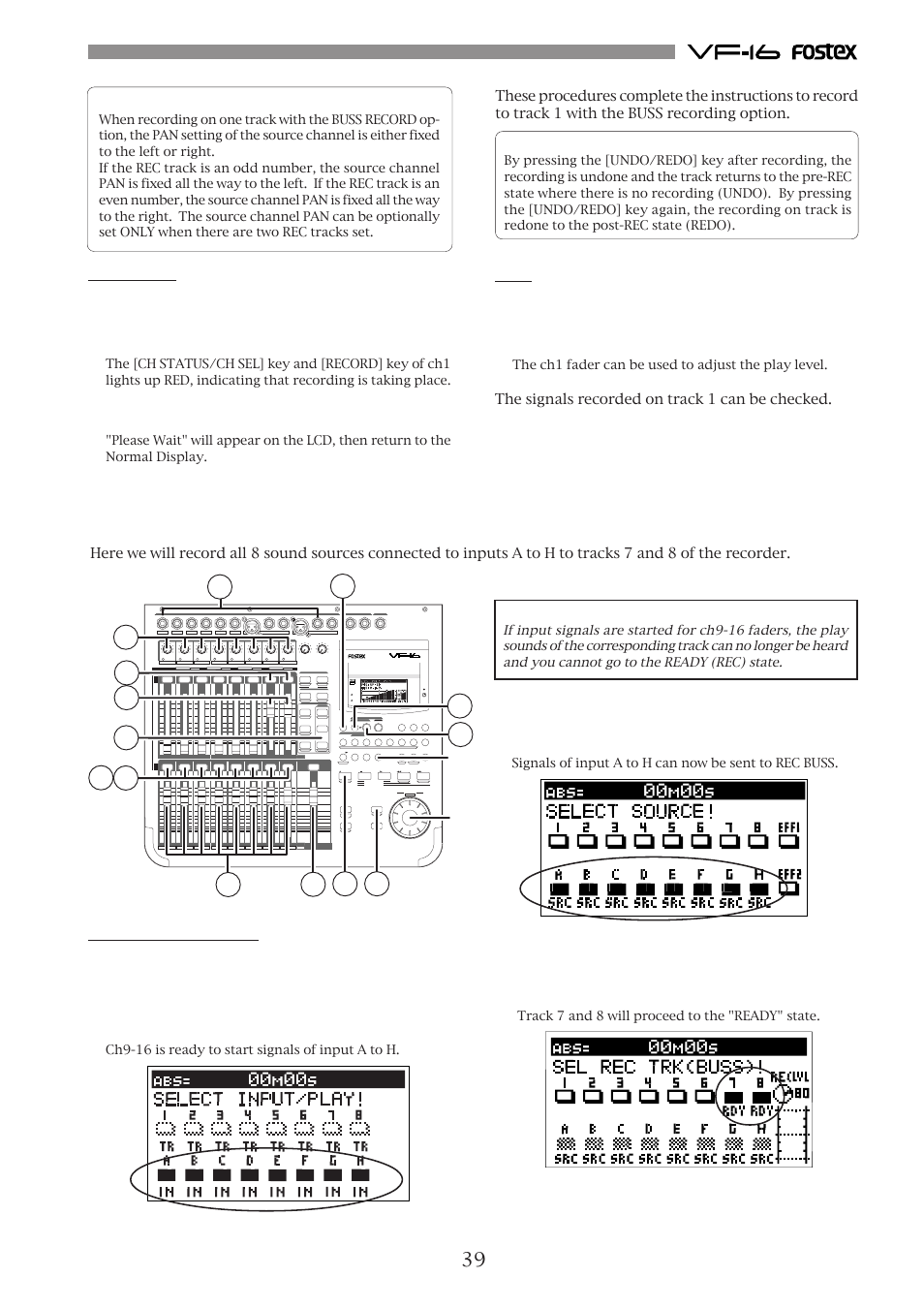 Recording 8 inputs to tracks 7 and 8, Recording, Play | Preparing to record | Fostex VF-16 User Manual | Page 39 / 122