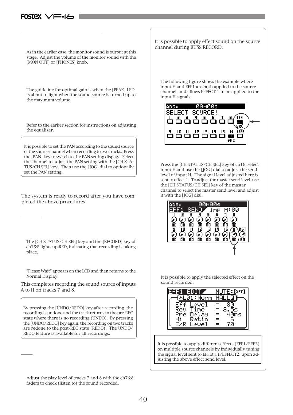 40 adjusting the source channel, Record, Play | Fostex VF-16 User Manual | Page 40 / 122