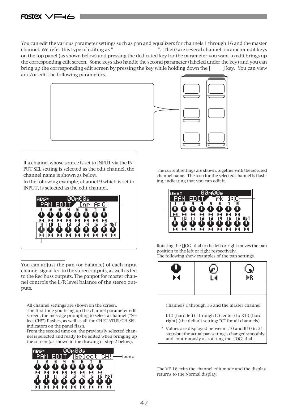 Channel parameter edit, Adjusting pan, Hints | Fostex VF-16 User Manual | Page 42 / 122