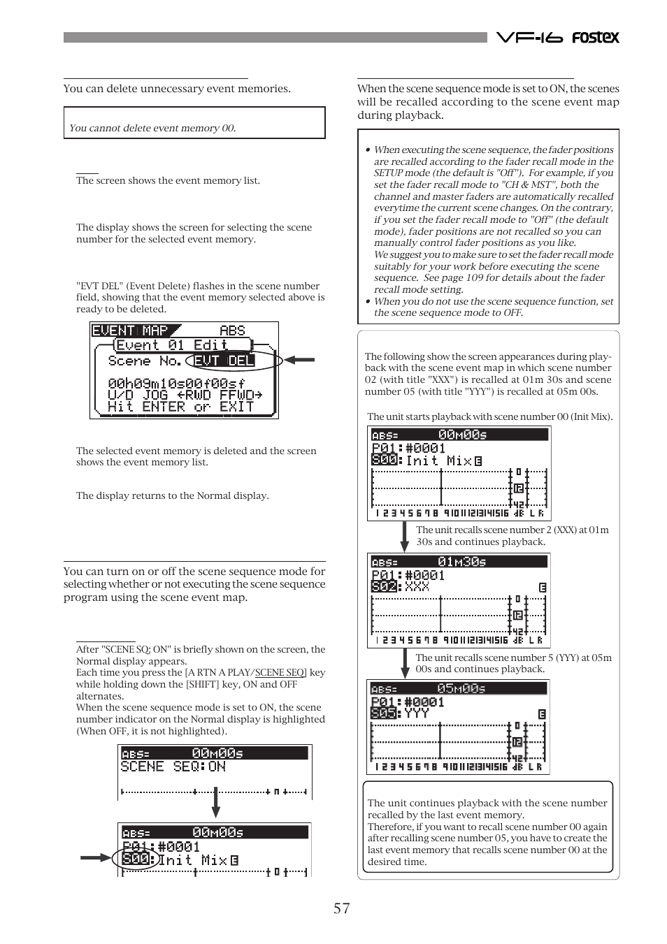 Scene sequence mode on/off selection, Executing the scene sequence | Fostex VF-16 User Manual | Page 57 / 122