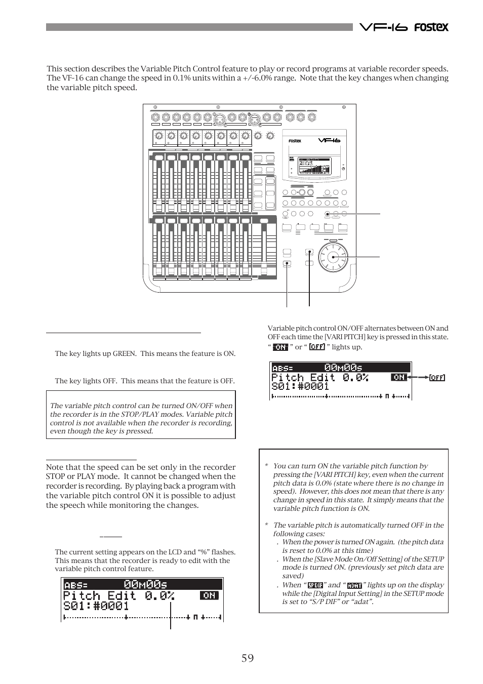 Variable pitch control, Variable pitch control on/off, Setting the speed | Press the [vari pitch] key, Press the [vari pitch] key once again, Precaution, Optical, Flashing | Fostex VF-16 User Manual | Page 59 / 122