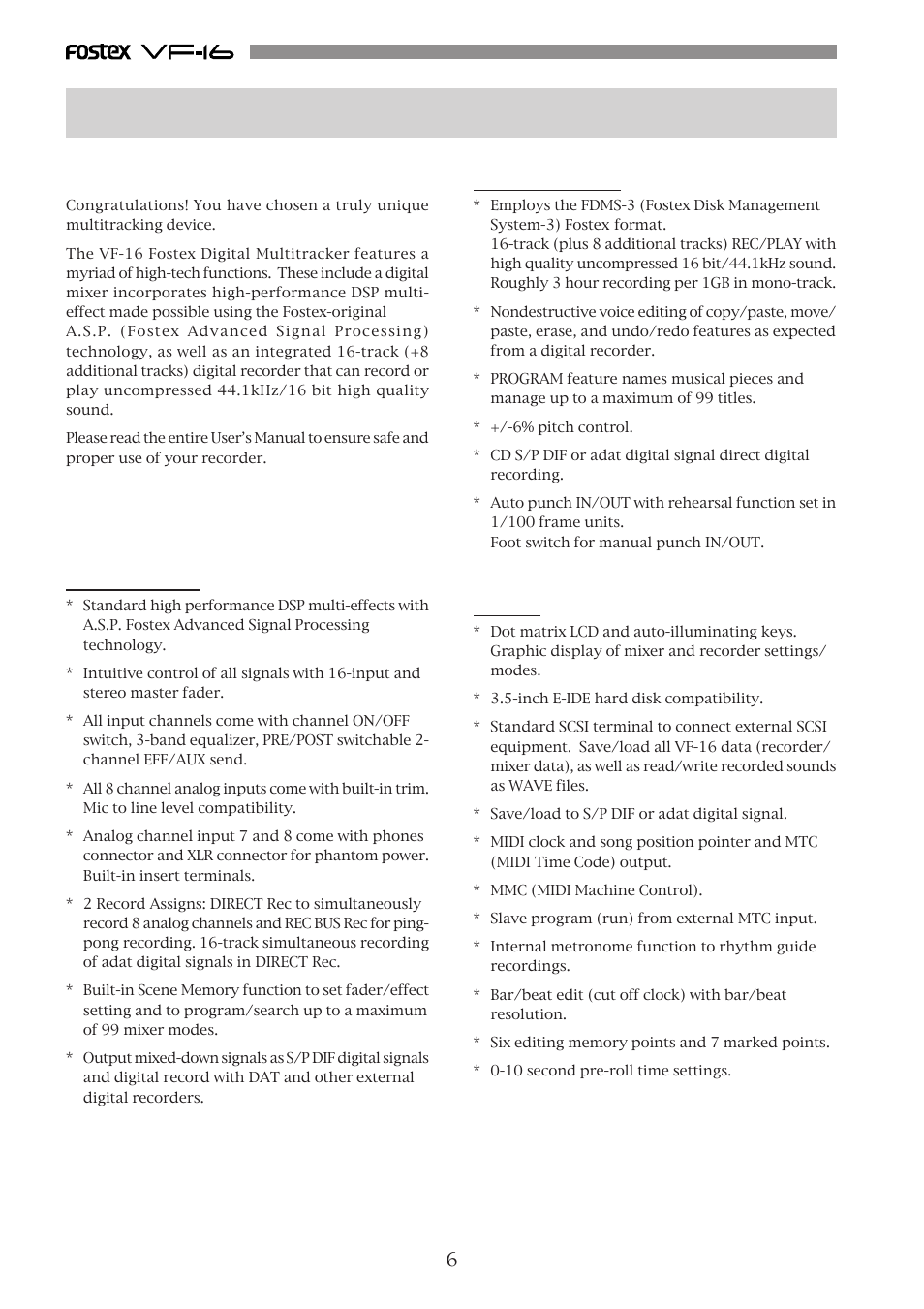 Chapter 1 basic features of vf-16, Introduction, Product features | Others | Fostex VF-16 User Manual | Page 6 / 122
