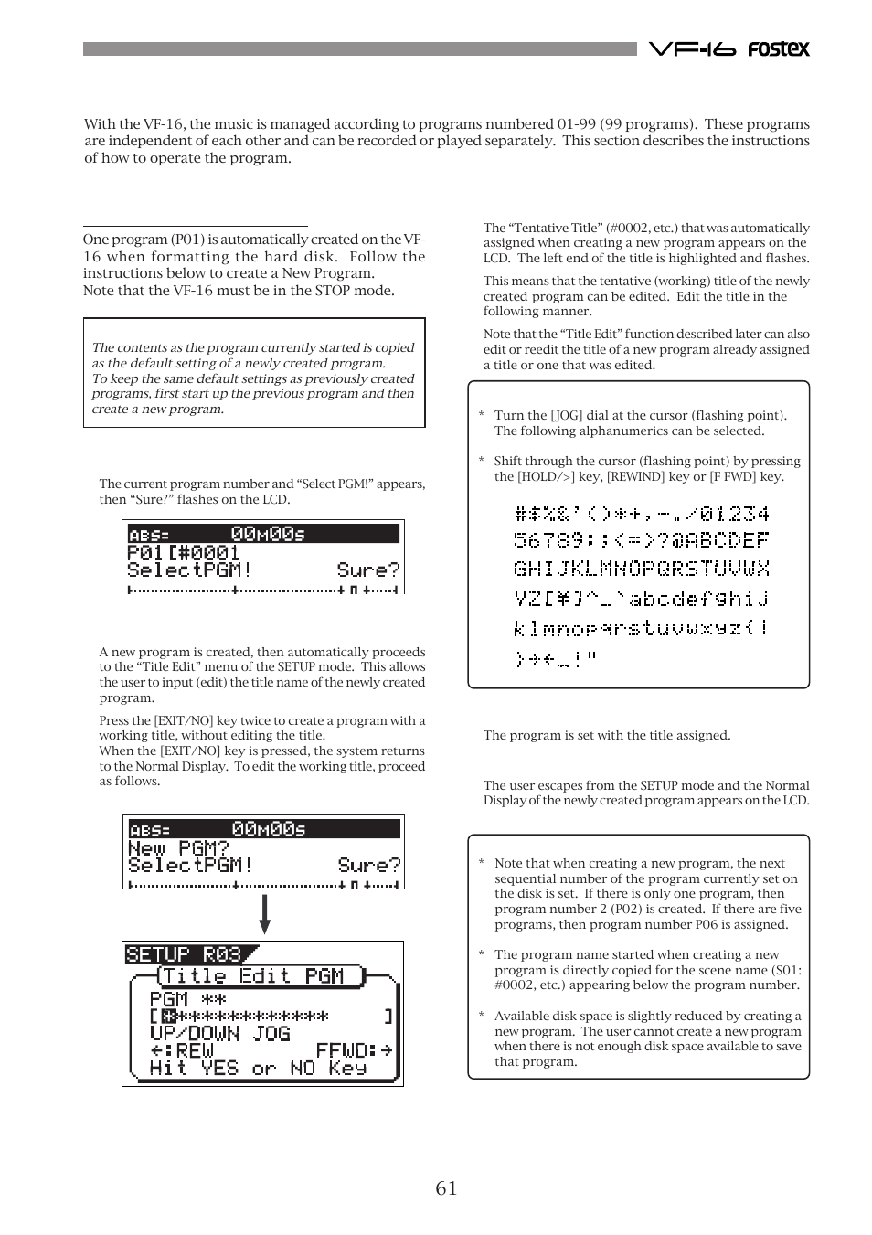 Program, Creating a new program | Fostex VF-16 User Manual | Page 61 / 122