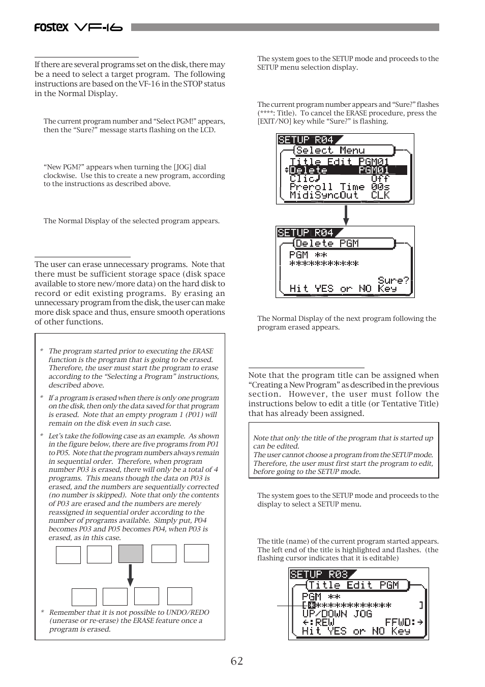 Selecting a program, Erasing a program, Editing a program title | Fostex VF-16 User Manual | Page 62 / 122