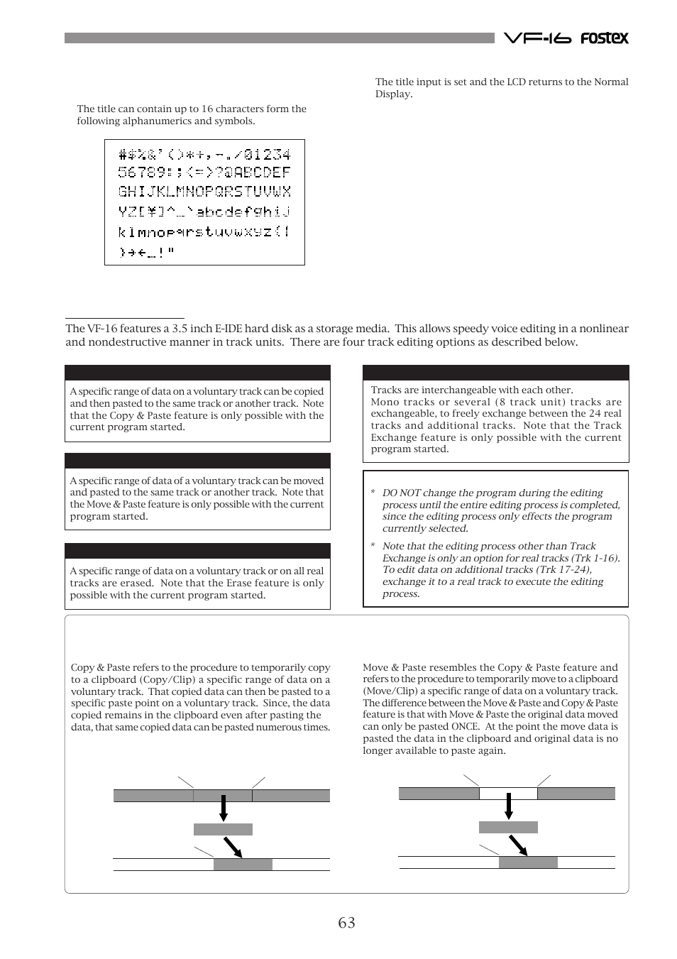 Editing the track, Copy & paste and move & paste, Copy & paste | Move & paste | Fostex VF-16 User Manual | Page 63 / 122