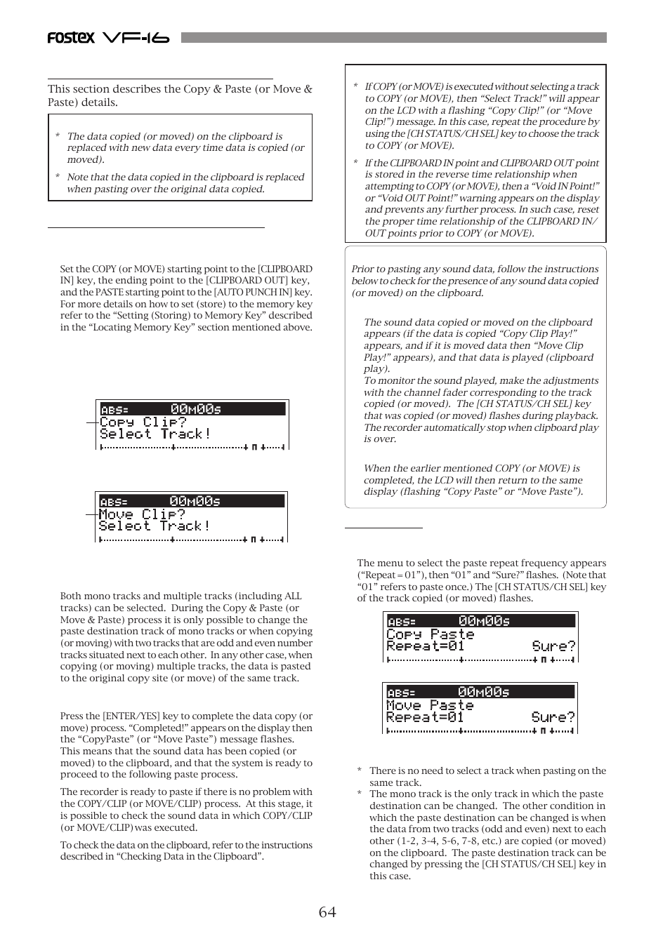 Copy & paste and move & paste, Executing copy (or move) and clip, Pasting data | Fostex VF-16 User Manual | Page 64 / 122