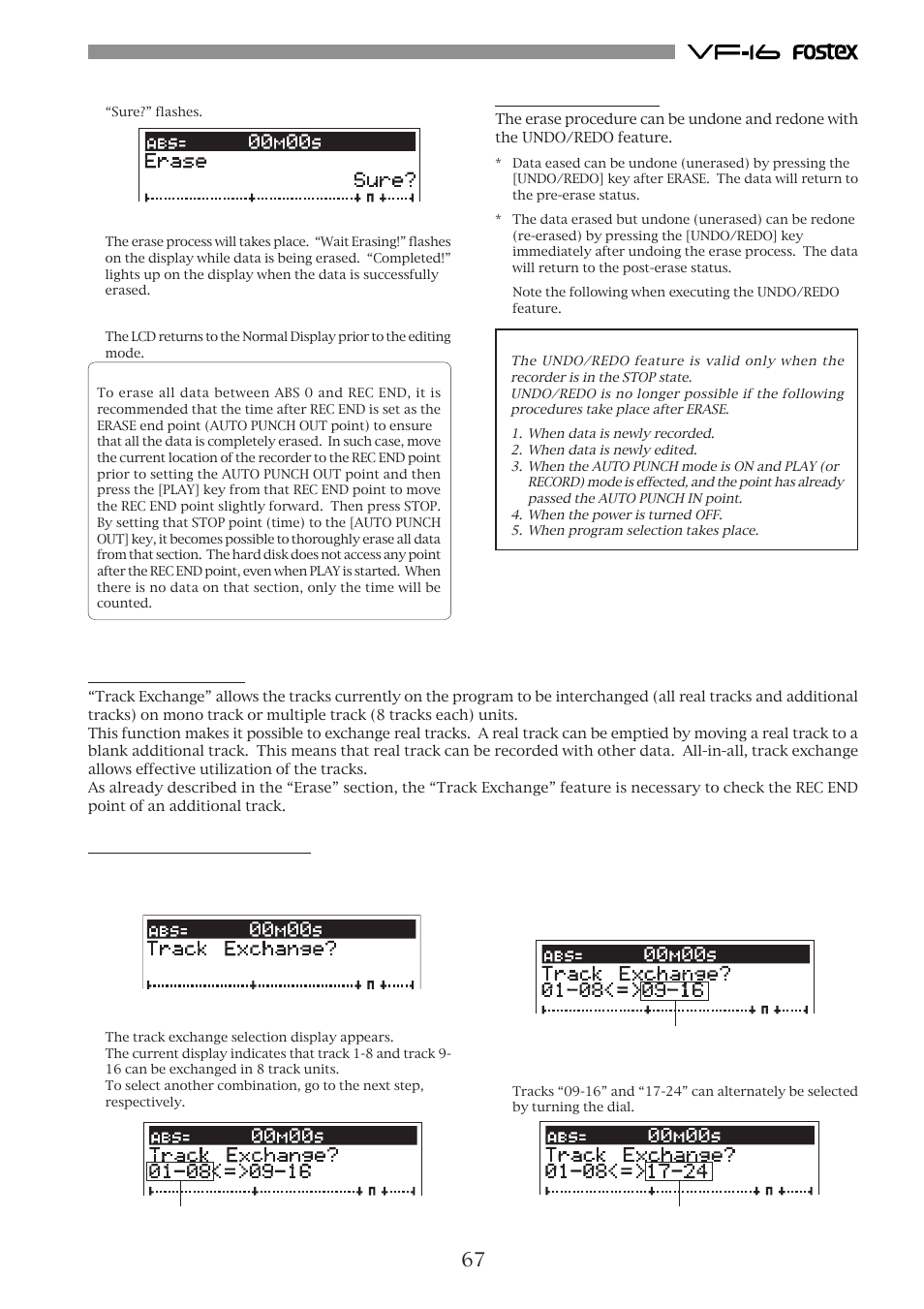 Track exchange, Undo/redo erase, Executing track exchange | Fostex VF-16 User Manual | Page 67 / 122