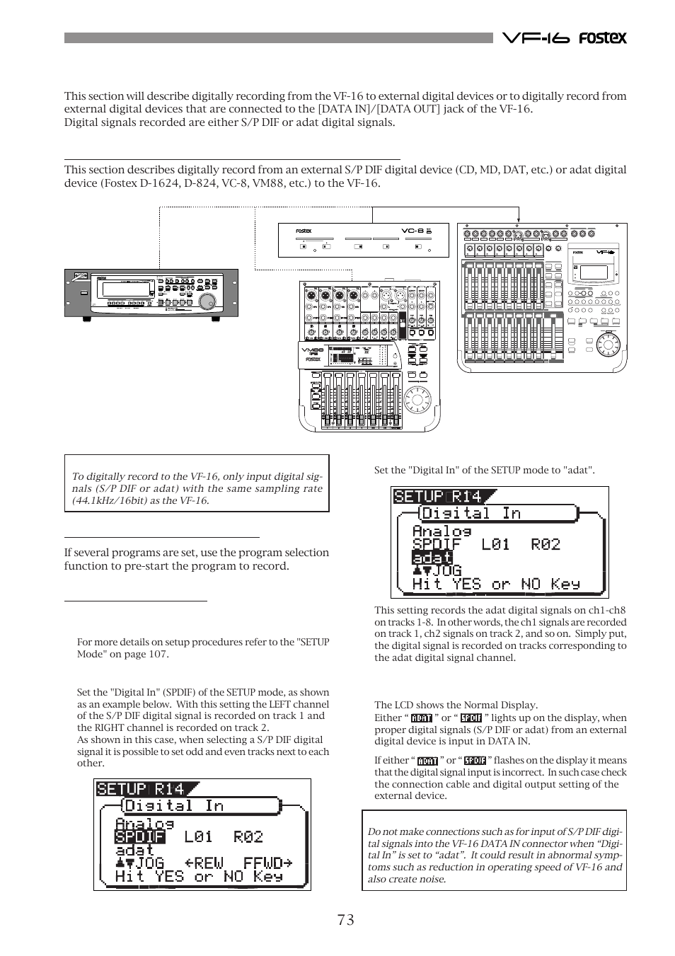 Digital recording, Digital recording from an external digital device, Selecting the program to record | Setting the digital input | Fostex VF-16 User Manual | Page 73 / 122