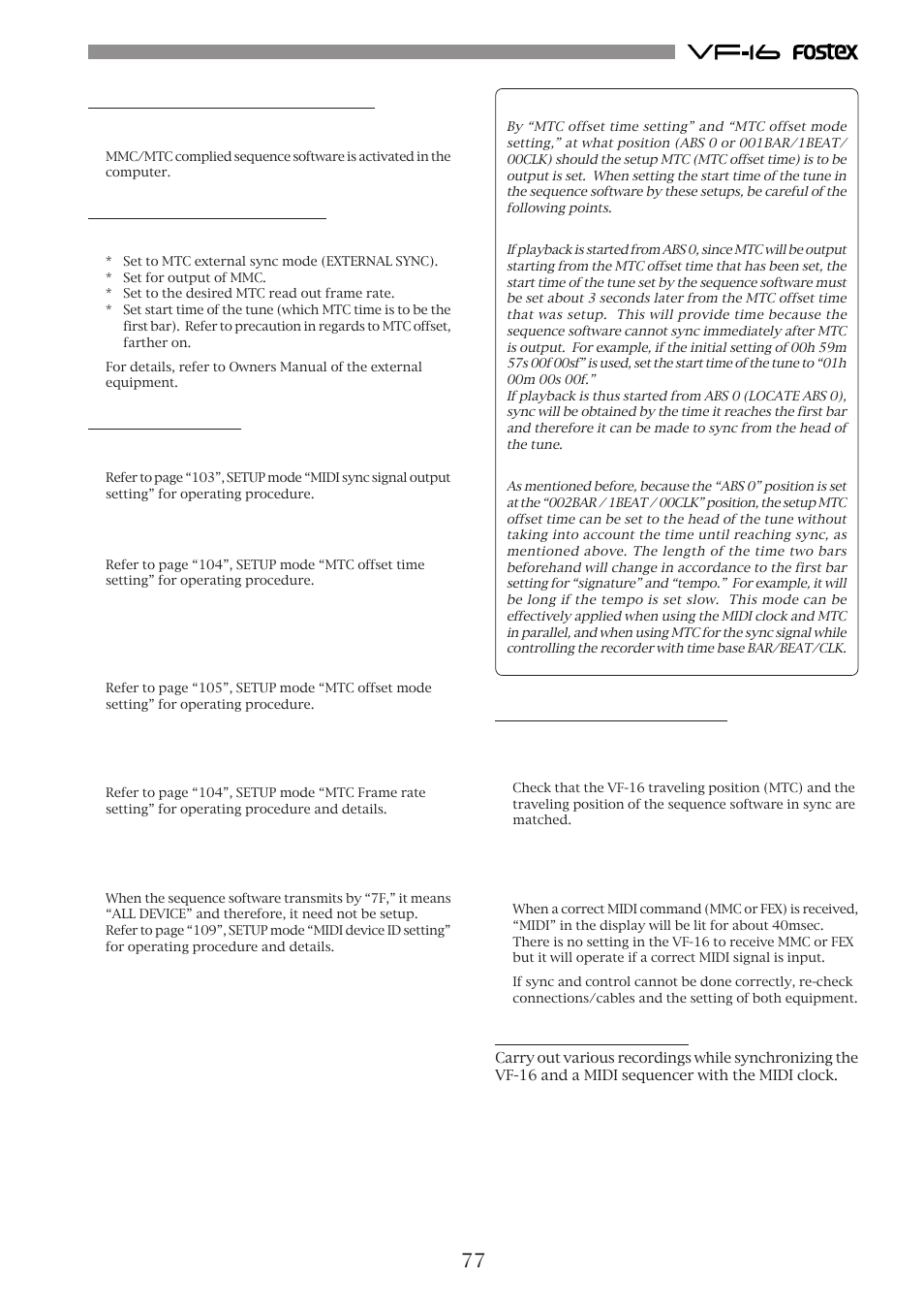 77 connecting to external equipment, Setup of external equipment, Setup of the vf-16 | Confirming mtc sync/mmc, Execution of recording | Fostex VF-16 User Manual | Page 77 / 122