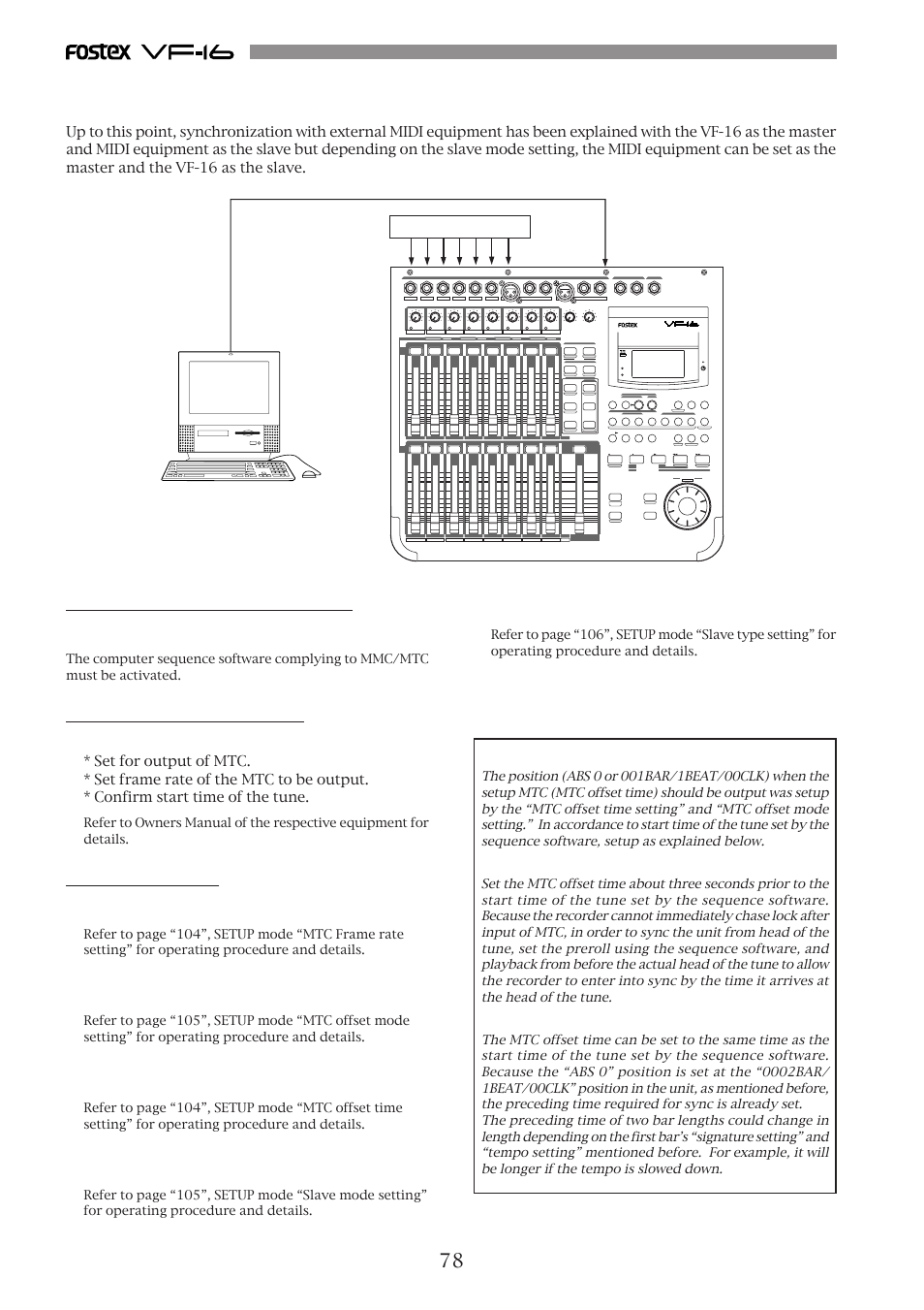 Connection to external equipment, Setup of external equipment, Setup of the vf-16 | Precautions at mtc related setups, Access phantom, Track, Input orange, Mon out phones unbal insert bal unbal, Trim input, Offset mode: for abs | Fostex VF-16 User Manual | Page 78 / 122