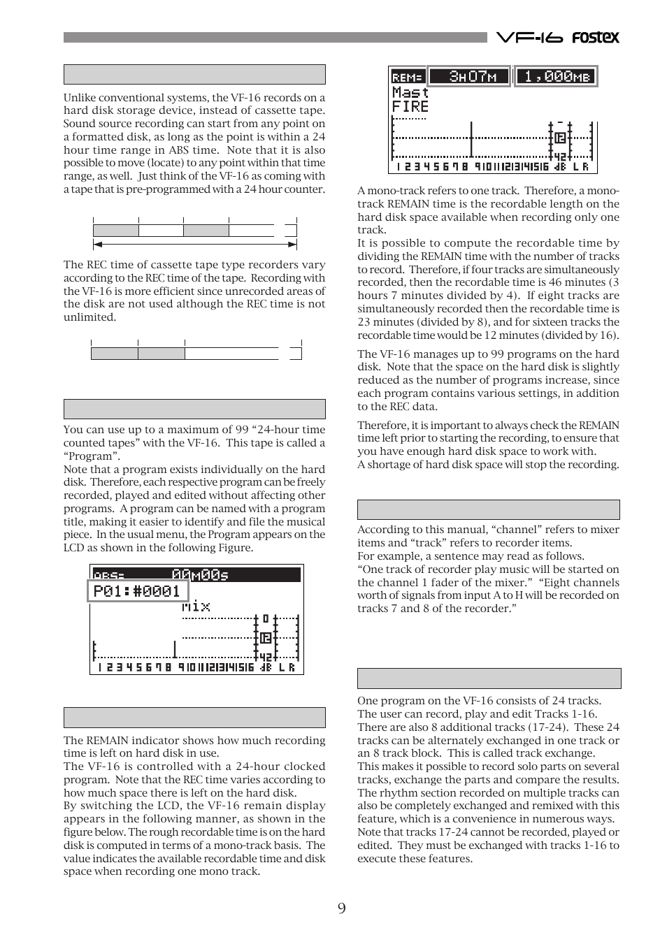 Recording system, Program, Remain indicator | Channel and track, Additional track | Fostex VF-16 User Manual | Page 9 / 122