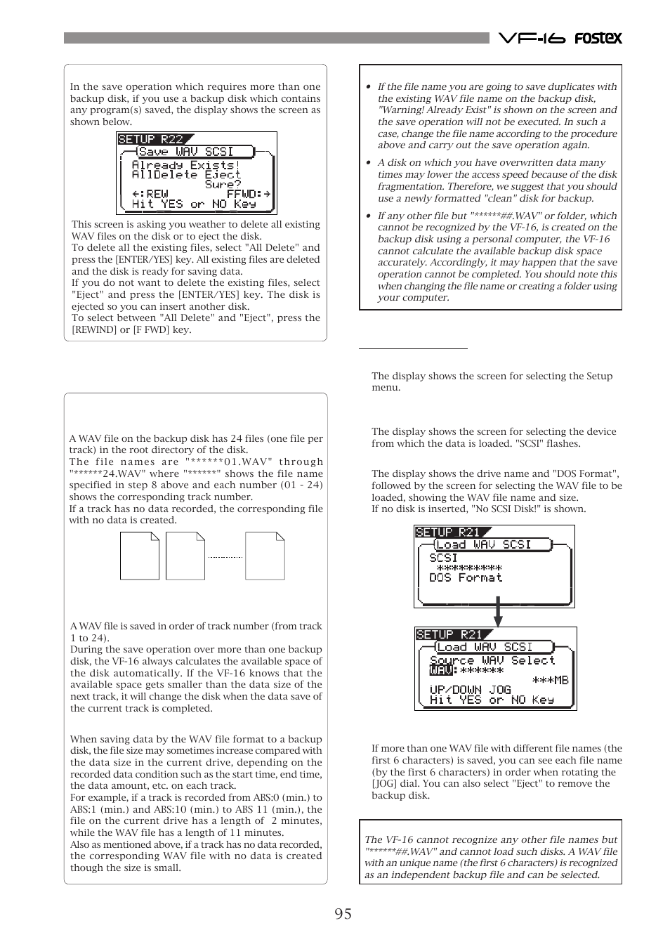 About wav files saved, Loading a wav file | Fostex VF-16 User Manual | Page 95 / 122