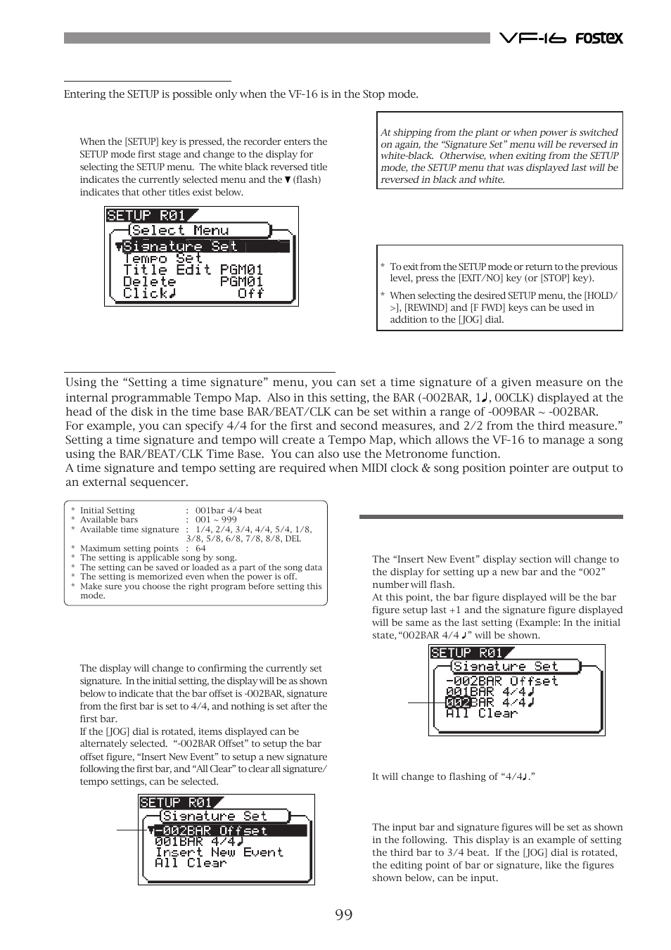 Time signature setting [“signature set, New registering of time signature | Fostex VF-16 User Manual | Page 99 / 122