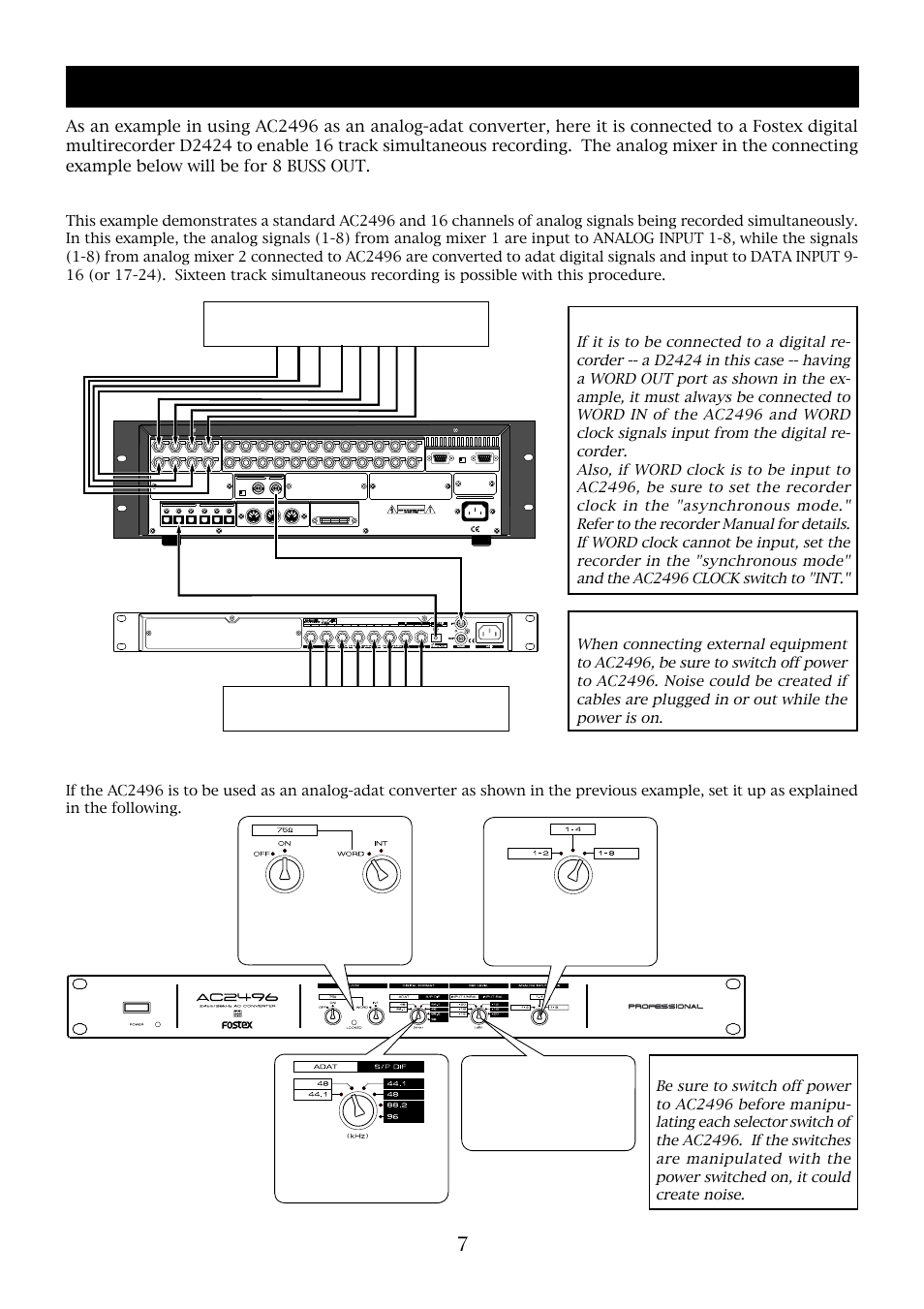 Application examples as an analog-adat converter, Caution, Setup of the ac2496 | Master) (slave), Output input output, Input, Analog mixer-1 analog mixer-2, Word clock adat digital signals | Fostex AC2496 User Manual | Page 7 / 12