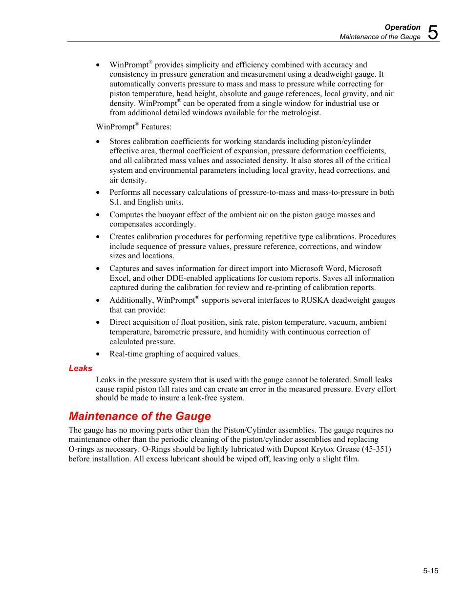 Leaks, Maintenance of the gauge | Fluke RUSKA 2470 User Manual | Page 45 / 78