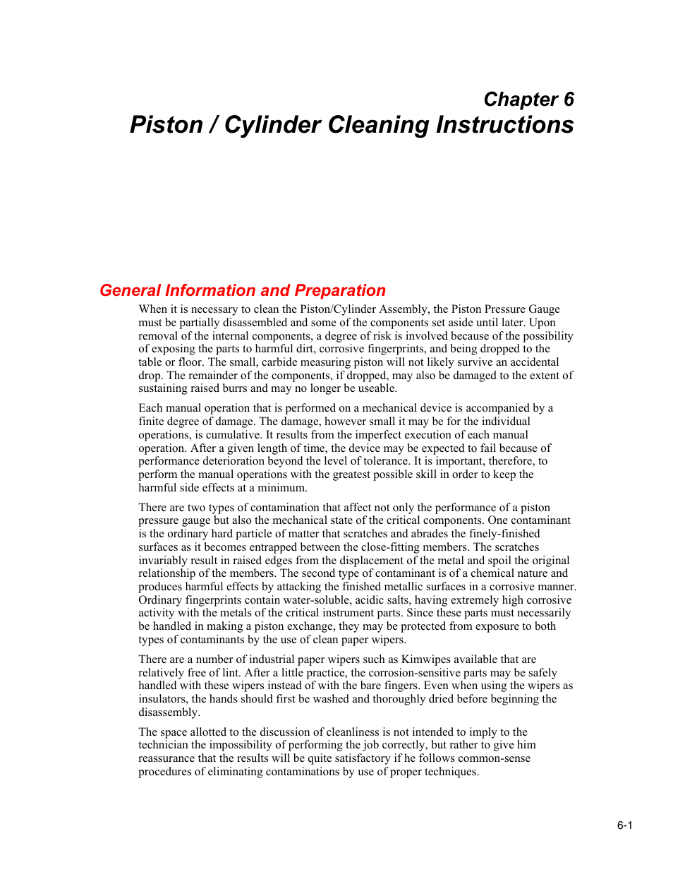 Piston / cylinder cleaning instructions, General information and preparation, Chapter 6 | Fluke RUSKA 2470 User Manual | Page 47 / 78