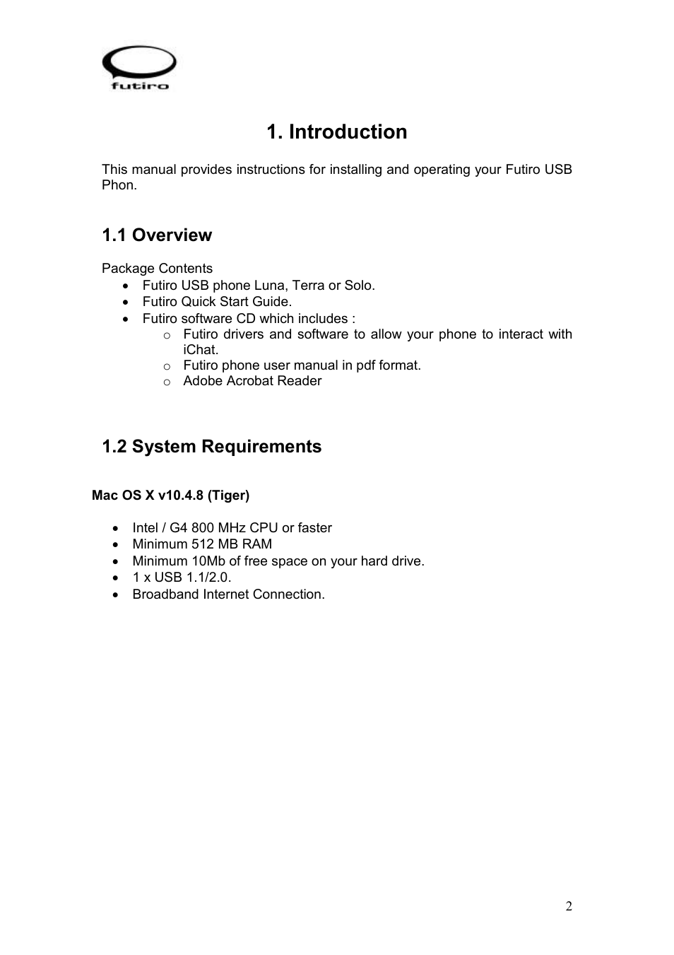 Introduction, 1 overview, 2 system requirements | Futiro USB Phone User Manual | Page 3 / 17