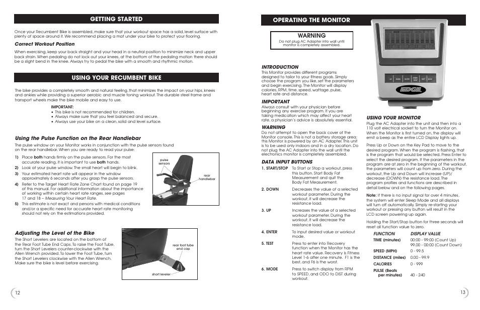 Getting started using your recumbent bike, Operating the monitor, Warning | Using the pulse function on the rear handlebar, Adjusting the level of the bike | Fitness Quest 595r User Manual | Page 13 / 13
