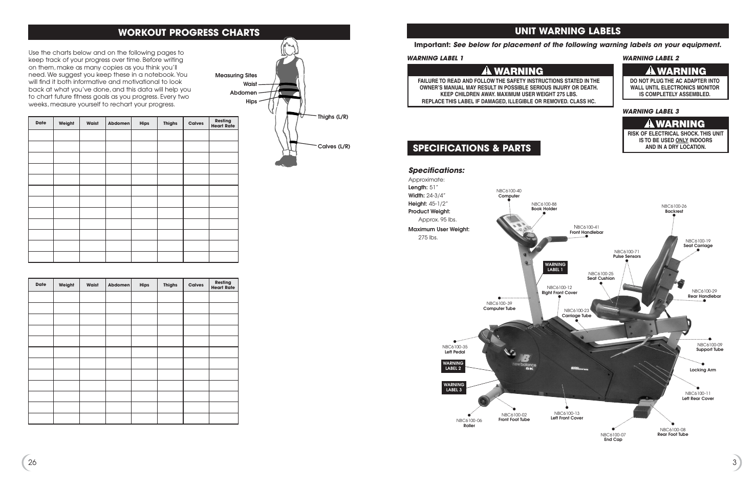Warning, Specifications & parts, Unit warning labels | Workout progress charts, Specifications | Fitness Quest 5K 6100 User Manual | Page 4 / 15